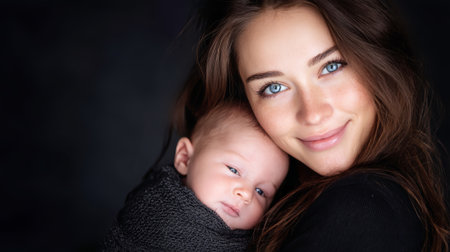 Mother embraces her newborn, both smiling joyfully, capturing the essence of parental love in a close-up portrait with a striking black background.の素材