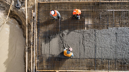 Construction workers are actively pouring concrete onto a prepared reinforced pad, shaping it for an earthen retaining wall in a rural location.の素材