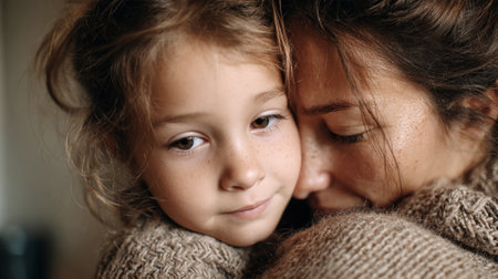 A little girl gently rests her head on her mother's shoulder, offering comfort during a heartfelt moment as her mother faces emotional struggles.の素材