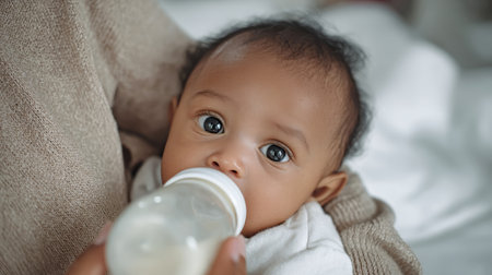 A newborn black baby is focused on drinking from a bottle while his mother gently feeds him at home in a warm, inviting bedroom.の素材