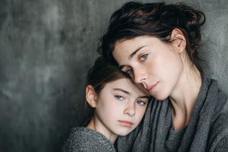 A young girl comforts her crying mother with her head on her shoulder. They share an intimate bond in a softly lit and emotional moment against a gray background.の素材