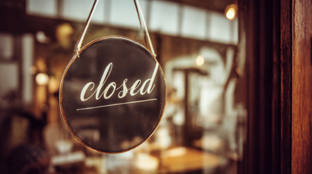 A round sign displaying 'closed' and 'thank you' is visible on the glass door of a coffee shop. The blurred background showcases the cozy environment inside.の素材