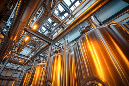 Amber liquid fills the stainless steel tanks, illuminated by cinematic lighting against the backdrop of metal pipes, showcasing modern beer production at its finest.の素材