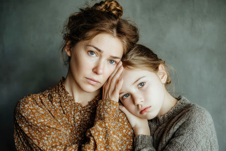A young girl comforts her emotional mother by resting her head on her shoulder, showcasing a tender moment filled with love and care against a soft gray background.の素材