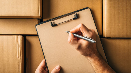 A man is writing on a clipboard next to stacks of cardboard boxes, capturing the essence of a busy parcel delivery service atmosphere.の素材
