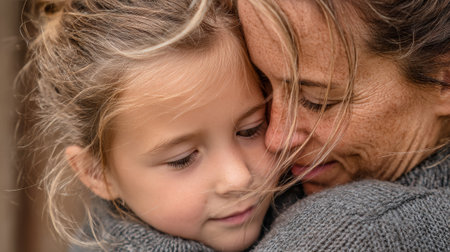 In a heartfelt moment, a little girl hugs her mother, resting her head on her shoulder, providing comfort during a challenging emotional time together.の素材