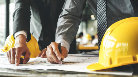 Two engineers work closely together, examining construction project plans at a desk in a contemporary studio, both wearing hard hats and focused on their tasks.の素材