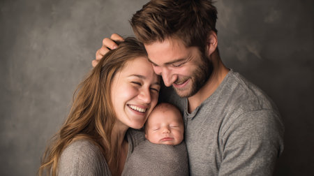 A young couple lovingly interacts while cradling their newborn baby girl, showcasing smiles and warmth against a soft gray background.の素材