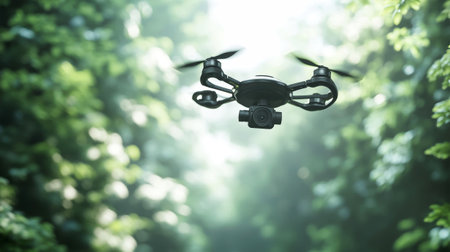 A drone equipped with a camera soars through the air above a dense forest, surrounded by vibrant greenery, creating a perfect space for text overlay.の素材