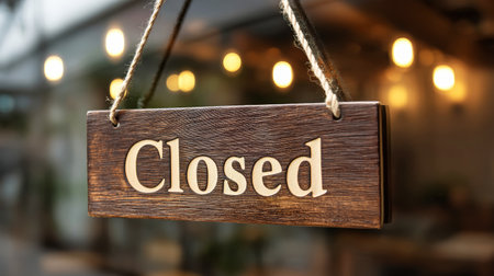A wooden closed sign hangs on the glass door of a modern cafe, creating a rustic yet sleek vibe. The blurred background hints at a welcoming interior space.の素材