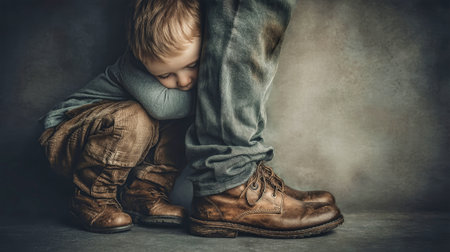 A little boy hugs his father's leg, showcasing deep emotion in a high-resolution, vintage-style setting against a gray background.の素材
