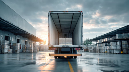 A cargo truck with an open trailer door is parked in front of a loading area, filled with pallets and containers ready for transportation.の素材