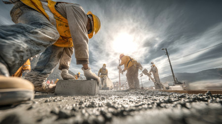 A group of construction workers collaborated to install a large concrete slab, showcasing teamwork and safety as they work under bright daylight.の素材