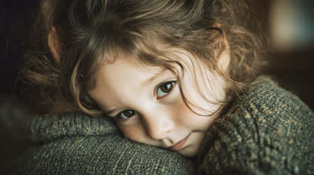 In a warm home setting, a little girl hugs her mother, resting her head on her shoulder, sharing a heartfelt moment of comfort during a difficult time.の素材