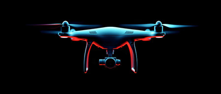 A drone equipped with a camera glides through the air against a black background, highlighting its sleek design and realistic lighting effects.の素材