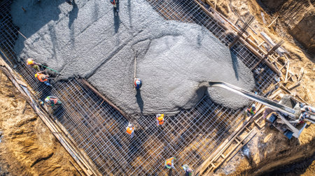 Construction workers are actively pouring concrete onto a grid-patterned reinforced pad for an earthen retaining wall, highlighting on-site activity and teamwork.の素材