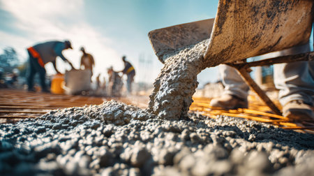 Close-up of a worker pouring concrete with a wheelbarrow at a construction site, showcasing labor and craftsmanship in the background under a bright sky.の素材