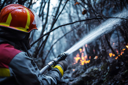 Firefighter in helmet and protective gear uses water hose to combat intense flames engulfing tree branches in a wild forest environment.の素材