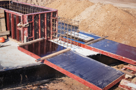 Concrete formwork is set up with rebar for a structural project at an industrial site. Workers prepare for pouring concrete in the afternoon light.の写真素材