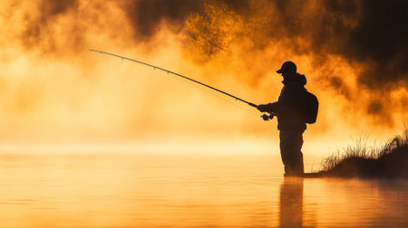 Silhouette of a fisherman stands at the riverbank, casting a line into the foggy waters during golden hour, evoking a serene, rustic atmosphere perfect for relaxation.の素材