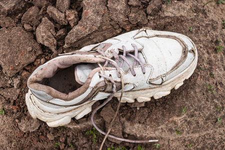 A single, dirty sneaker is placed on rough, dry ground full of cracks and small rocks, highlighting signs of wear and nature's impact on man-made items.の写真素材