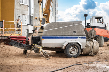 Heavy machinery including a compressor and digger are stationed at a construction site under bright...