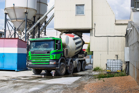 A cement truck waits while concrete is loaded at a construction site surrounded by industrial...