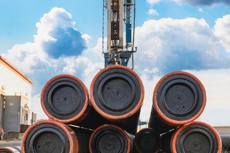Stacked industrial pipes sit at a construction site near drilling machinery against a backdrop of...