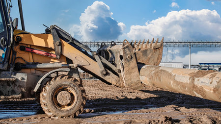Large excavator loader transports large pipe at construction site.