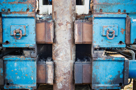 Heavy drilling equipment for drilling wells is placed on a construction site, demonstrating drilling...