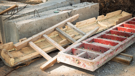 Various construction materials are scattered on the ground, including wooden forms and concrete blocks at a building site during day hours.の写真素材