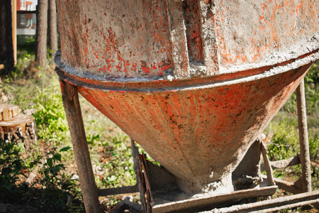 A concrete mixer stands in a construction area nestled among trees, with fresh cement visible. The bright sun illuminates the equipment, emphasizing its purpose.の写真素材