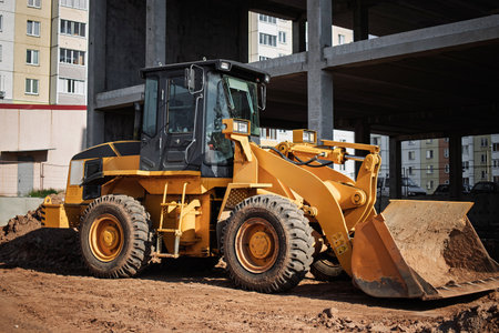 A large yellow loader moves dirt and gravel at a busy construction site near residential buildings during daylight hours.の写真素材