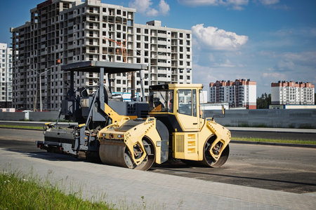 Heavy construction equipment paves a new road beside modern buildings in a developing urban neighborhood under blue skies.の写真素材