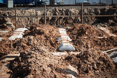 Heavy machinery has prepared the ground for construction, showcasing concrete foundations partially buried in fresh earth at a building site.の写真素材