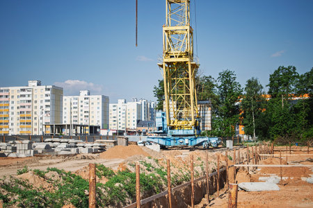 Construction is underway at an urban site where a large yellow crane is positioned next to buildings, with materials and earthworks surrounding it.の写真素材