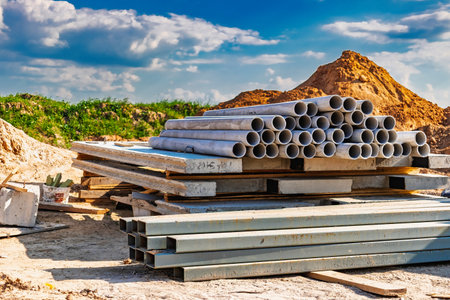 Pipes and metal sheets are neatly arranged on a construction site. The bright sun illuminates the materials amidst a backdrop of fluffy clouds.の写真素材