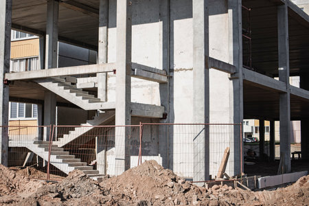 A construction site showing a partially built structure with concrete walls, an open stairway, and dirt piles scattered around, indicating ongoing work.の写真素材