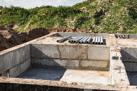 Workers lay the foundation for a new building, featuring a concrete slab and metal pipes, under a clear blue sky in a rural landscape.の写真素材