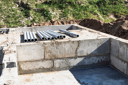 A construction site features freshly laid concrete blocks forming a foundation, with several steel...