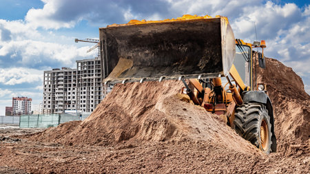 A large loader or bulldozer with a raised bucket excavates and transports earth and sand at a construction site surrounded by developing urban developments. Equipment rental.の写真素材