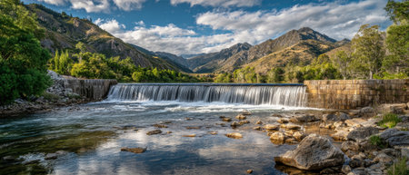 Water cascades gracefully from a dam, surrounded by majestic mountains and under a clear blue sky, capturing the tranquility of nature in daylight.の素材