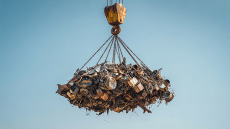 Beneath a clear blue sky, a crane effortlessly hoists a dense bundle of scrap metal, showing the collection and recycling of waste materials.の素材