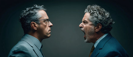 A middle-aged boss confronts his subordinate, both showing anger and frustration in a high-stakes office environment.の素材