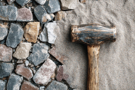 A top-down view showcases a rustic sledgehammer resting beside neatly arranged cobblestones on a sandy surface, ideal for landscaping projects.の素材