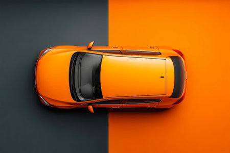 Brightly colored car viewed from above rests on an orange and black split background, highlighting its smooth curves and bold design in a minimalist display.の素材