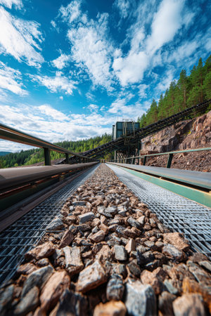 A vibrating conveyor belt efficiently moves rock at an outdoor mining plant, framed by a vibrant blue sky and serene green forest in the backdrop.の素材