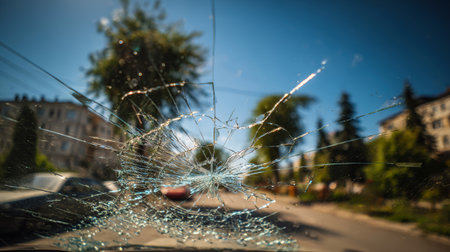 Cracks spiderweb across a broken windshield, framing a lively cityscape with trees and buildings. Light dances through the glass, highlighting the scene.の素材