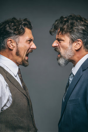 A heated exchange unfolds as a subordinate yells at his boss, both locked in a powerful gaze. Their emotions and expressions highlight the tension of the moment.の素材