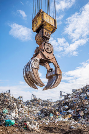 A large crane with a magnetic grab reaches down to lift scrap metal from a landfill, merging industrial technology with recycling goals under a clear sky.の素材